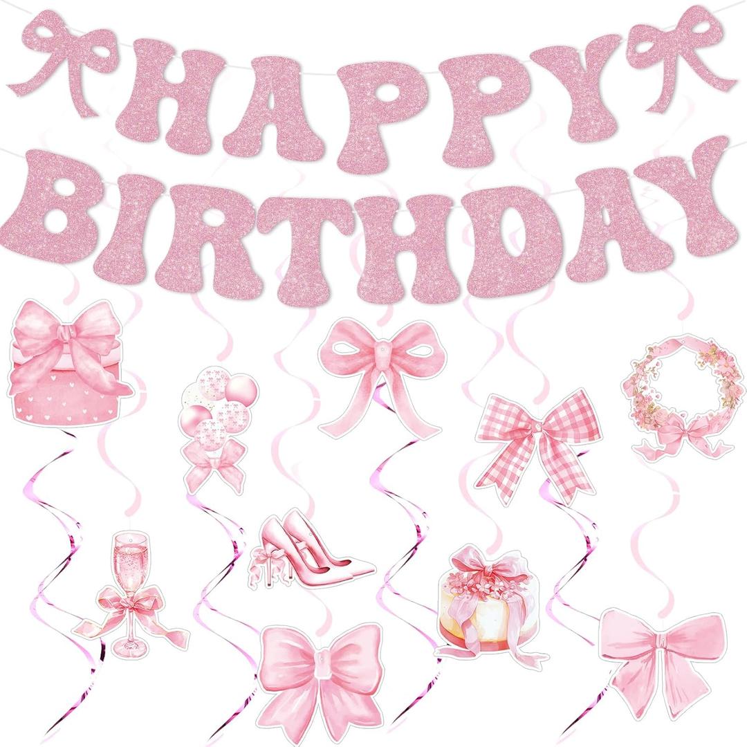 25 Pcs Pink Bow Birthday Party Decorations Glitter Happy Birthday Banner Garland Pink Hanging Swirls Bow Themed Party Decor Streamers for Girls Women Bday Baby Shower Bachelorette Party Supplies