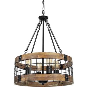 Farmhouse Rustic Chandelier Light Fixture, 4-Light Round Hanging Pendant Lighting for Dining Room Entryway Kitchen Island Foyer Breakfast Area, Black Wood and Black Metal Finish