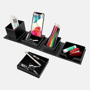 Leather Desk Organizer Office Supplies Multi-functional Stationery Storage with Pen Pencil Holder Phone Stand Sticky Note Tray Paperclip Storage Caddy Desktop Organization (Black, 20.2"x 4.8"x3.5")