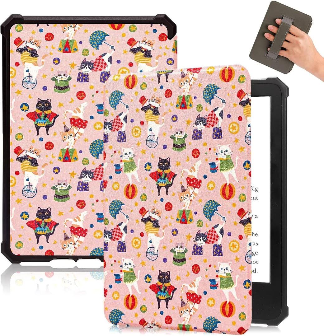 Fancity Case Compatible with 7" All-New Kindle Paperwhite (12th Generation, 2024) & Kindle Colorsoft Signature Edition, PU Leather Soft TPU Cover with Hand Strap Smart Sleep/Wake, Cat Circus