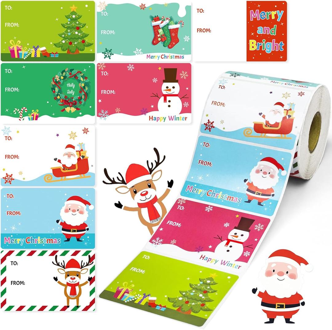 3 x 500 PCS Christmas Gift Tags, Self Adhesive Santa Claus Stickers, Festive Holiday Name Labels for Wrapping Paper Presents Decor, 8 Designs (Cartoon-1)