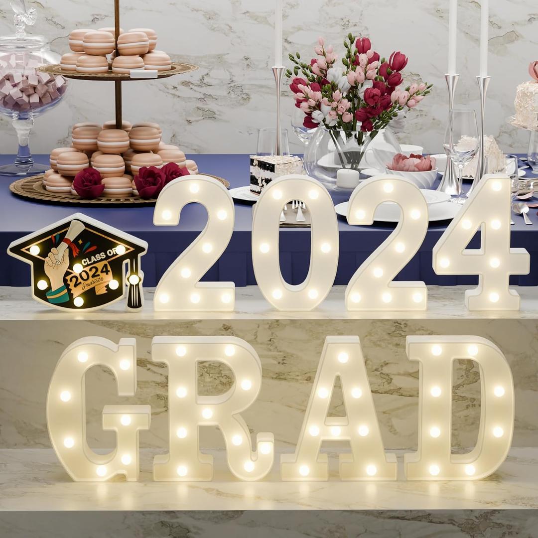 Graduation Party Decorations 2024-8 LED Long Marquee Light Up Letters 'Grad 2024' and 1 'Doctorial hat' - Graduation Party Decor for Kindergarten Preschool High School College Graduation