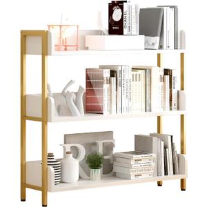 Wide Open Shelf Bookcase - Modern 3-Tier Floor Standing Display Bookshelf with Three-Side Panels for Home and Office, Storage Shelving in Warm White with Gold Frame