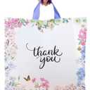 Purple Q Crafts Thank You Bags With Soft Loop Handle for Business Retail, Boutique Bulk 50 Pack 15" W x 12" H Floral Plastic Shopping Bags/Gift Bags Perfect For Mothers Day