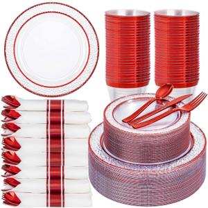 Ciaell 350 PCS Clear and Red Plastic Plates – Red Dinnerware Set for 50 Guests Include 100 Plastic Plates, 50 Pre Rolled Napkins with Cutlery Set, 50 Cups for Wedding & Party & Anniversary