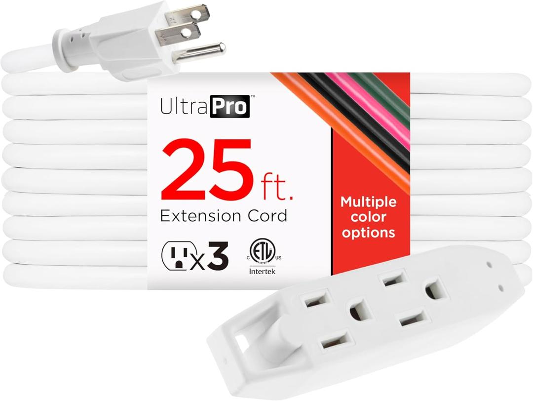 UltraPro 25 Ft Indoor Extension Cord 3 Outlet Extension Cords Outlet Power Strip Short Extension Cord with Multiple Outlets Grounded Heavy Duty Extension Cord 16 Gauge UL Listed White 50806