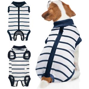BENCMATE Dog Recovery Suit - Professional Pet Zip Up Onesie with Abdominal Wound Bandages, Substitute E-Collar & Cone (Large, Breton Stripes) L