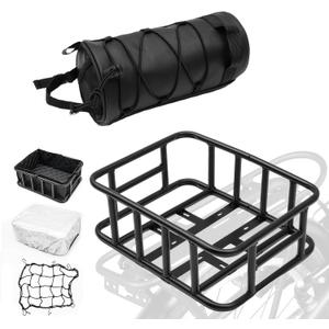 T TGBROS 6-in-1 Bike Basket Rear Rack with Bike Handlebar Bag Bike Basket with Cargo Net and Liner Large Bicycle Basket Heavy Duty Bicycle Rear Basket with Liner Waterproof Cover Cargo Net