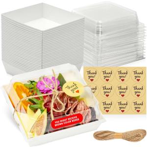50 Pack Small Charcuterie Boxes with Clear Lids - To Go Paper Mini Charcuterie Box, Disposable Food Containers, 5Inch Dessert Boxes - Sandwich, Cookie, Sushi, Cake Slice, Strawberries (White)