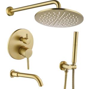 Tomfaucet Shower System with Tub Spout, 10" Round Rain Shower Head with Handheld, 3-Function Bathtub Shower Faucet Set, High Pressure Shower Kit with Tub Faucet, 2 Modes Handheld Spray, Brushed Gold