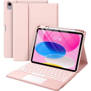 Harvopu Compatible for iPad 11th 10th Generation Case with Keyboard, Folio Cover with Pencil Holder, Multi-Touch Trackpad, 7 Color Backlit, Detachable Keyboard for iPad (A16) 11th/10th Gen (Light Pink
