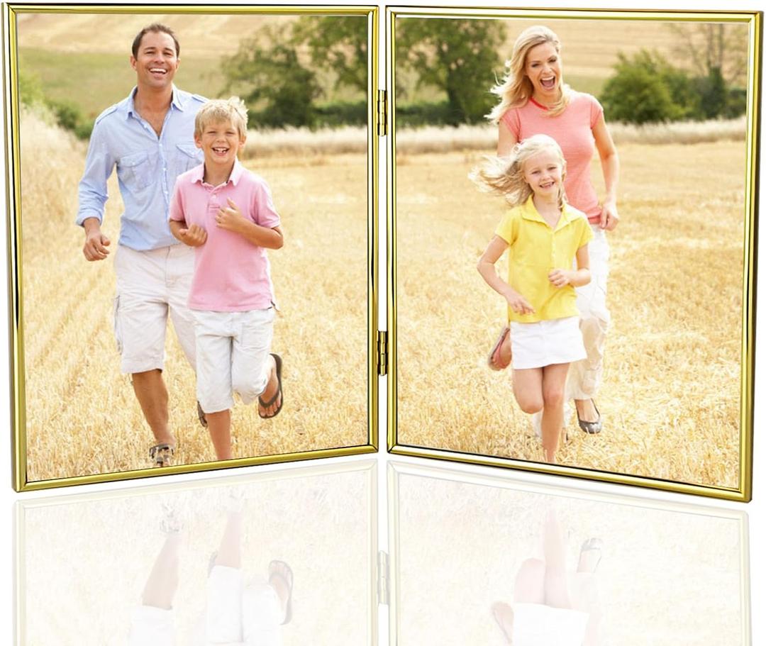 HIKWADERY 8x10 Picture Frame Double Hinged Folding, Elegant Thin Edge Metal Real Glass 8 by 10 Photo Frames, for Tabletop and Wall Display, Holiday Gift Home Decorative (8 x 10, Gold)