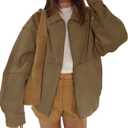 PHISOCKAT Women's Faux Suede Jackets Zip Up Long Sleeve Suede BomberJacket Oversized Fall Jackets with Pockets (Medium, Brown)