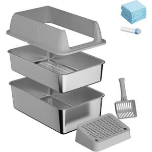 Gimars Stainless Steel Sifting Litter Box with lid-Light Gray