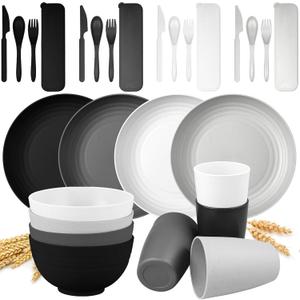 28PCS Wheat Straw Dinnerware Sets - Unbreakable, Reusable, Kitchen Plastic Dinner Plates,Dessert Plates, Cups, and Bowls Sets Microwave and Dishwasher Safe for 4, Ideal for Indoor and Outdoor Camping