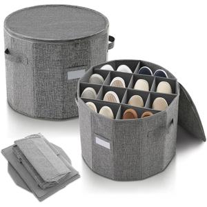 Ripeng 2 Pack Round Shoe Organizer for Closet, Cylindrical Shoe Storage Organizer with Removable Dividers and Lid, Foldable Closet Container Round Compartment Bins for Home (D17 X H13.2, Rectangular)