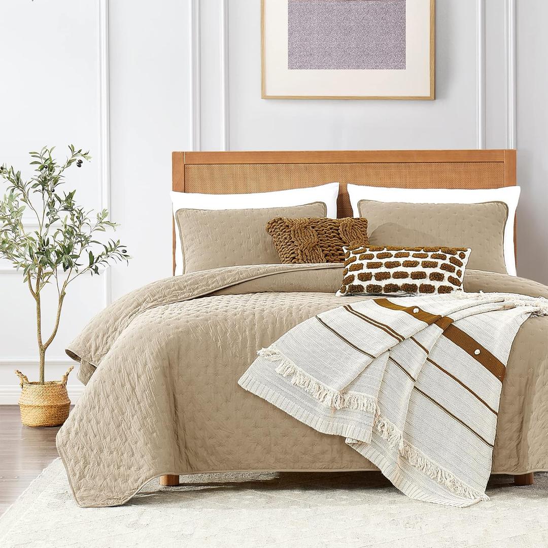 ROARINGWILD Beige Cloud Twin Size Quilt Bedding Sets with Pillow Sham, Farmhouse Lightweight Soft Bedspread Coverlet, All Season Rustic Country Thin Comforter, 2 Pieces, 68x90 inches, Tan Cream