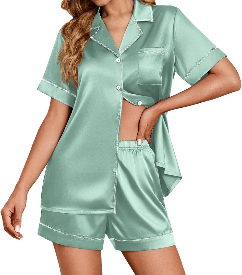 Ekouaer Womens Satin Silk Pajamas Set Short Sleeve Sleepwear Button Down Top and Shorts Loungewear 2 Piece Pjs Set S-XXL (Light Green)