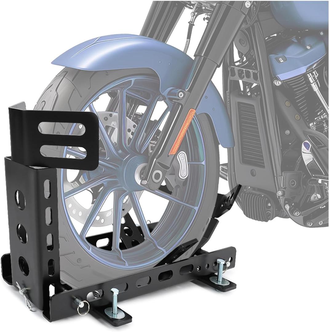ECOTRIC Motorcycle Wheel Chock Trailer 3000lb Capacity, Adjustable Motorcycle Front Tire Stand Chock for Trailer Truck Garage Fit for Most Crusier Sports Dirt Bikes Tire Size 14"-22" Wheels (Black 3000 lbs)