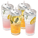 220 oz Glass Tumbler with Lid and Straw, 4 Pack Clear Ribbed Iced Coffee Cup, High Borosilicate Glass Tumbler, Reusable Vintage Glassware for Iced Coffee, Smoothies, Cocktails, and Juices (Pattern)
