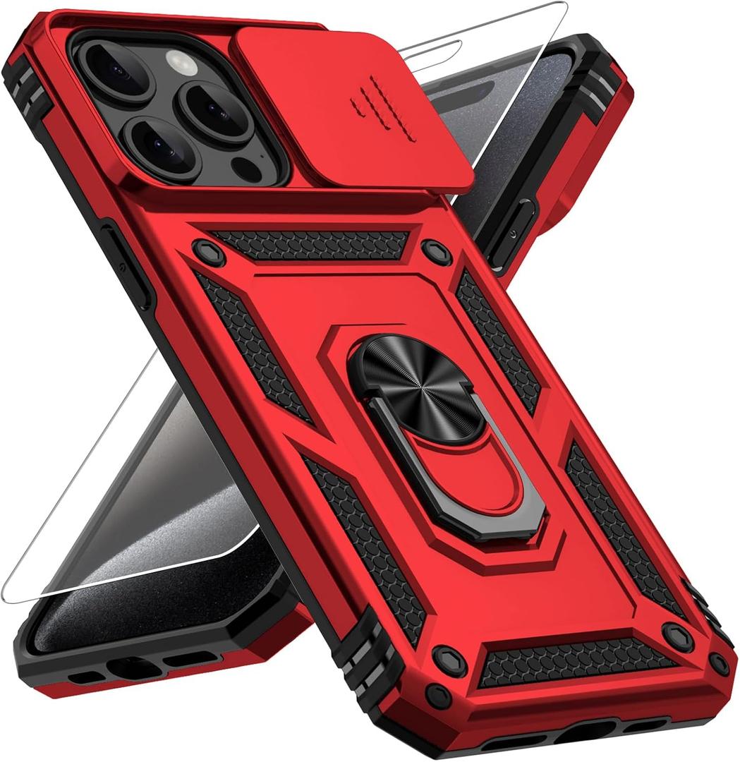 Vinve for iPhone 15 Pro Max Case, Slide Lens Cover, HD Screen Protector, Military Grade Drop Protection, Magnetic Rotated Ring Holder Kickstand Protective Phone Case (Red)