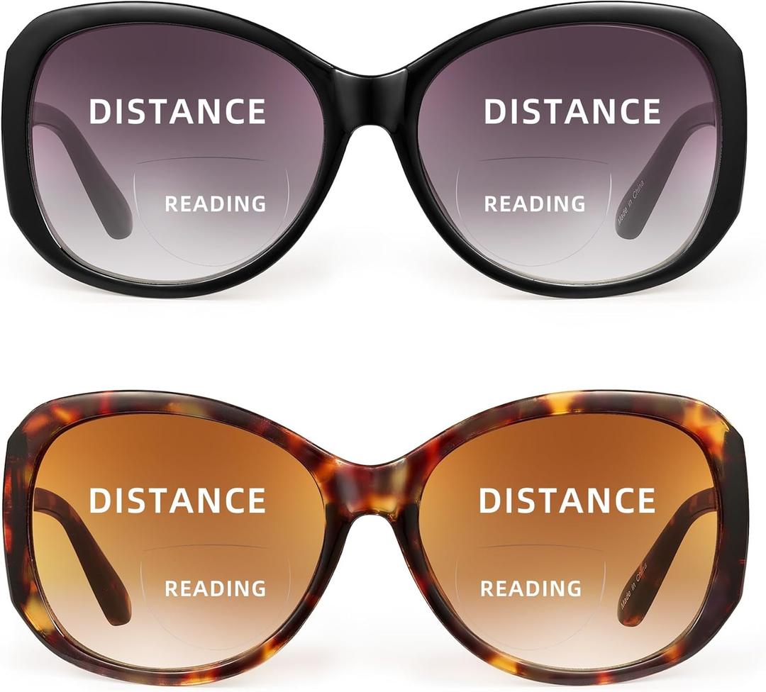 JM 2 Pack Bifocal Reading Sunglasses for Women Fashion Oversized Square Sun Readers Outdoor Reading Glasses UV400 Protection, Black & Brown +2.0
