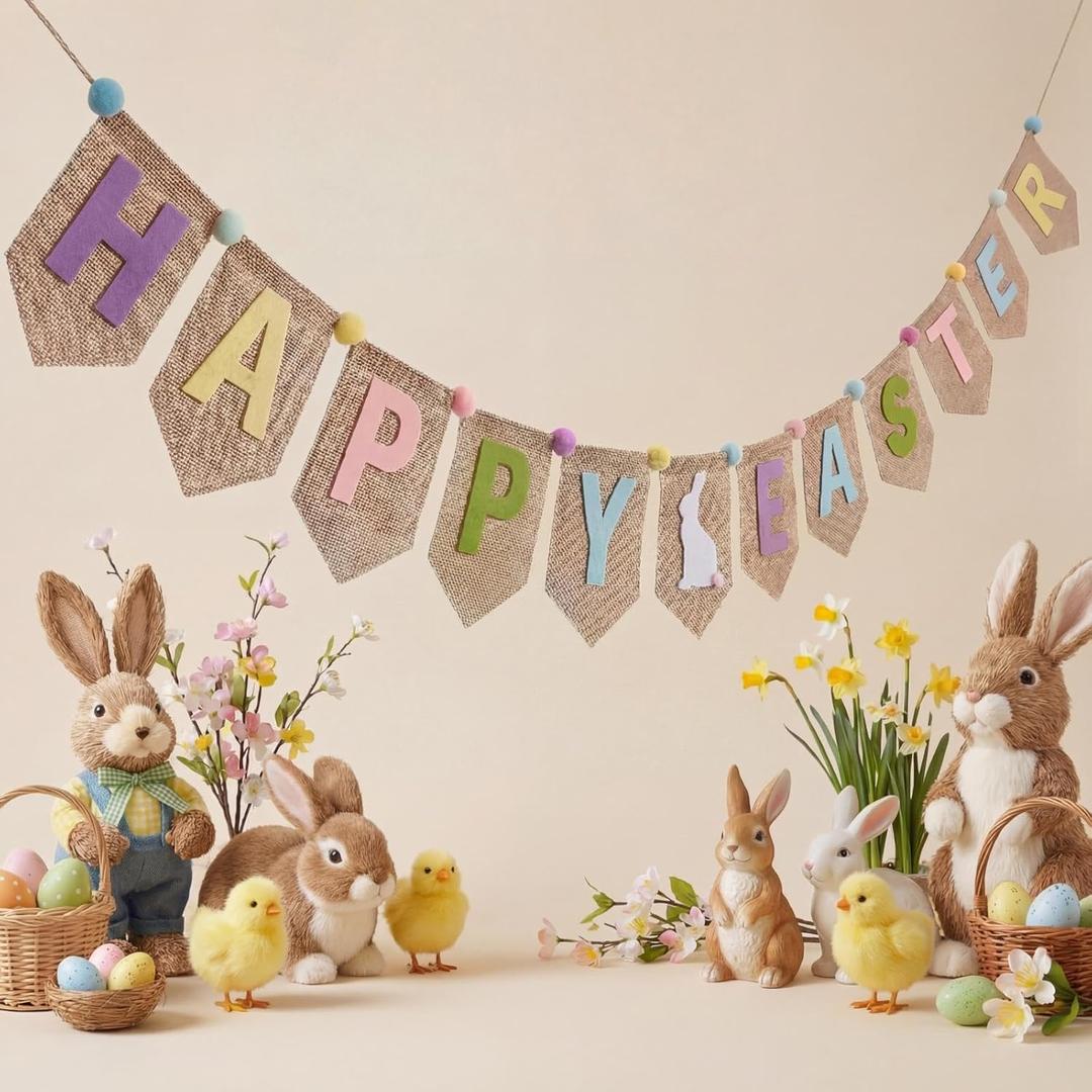 Haull Easter Burlap Banner Happy Easter Bunting Garland Bunny Banner Decoration with Pom Poms Felt Signs Rustic Spring Decor for Spring Birthday Egg Hunt Home Office School Party Supplies(Happy)