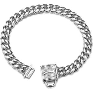 Dog Chain Collar, 12MM Heavy Duty Cuban Chain Collar, 316L Stainless Steel Silver/Gold Dog Training Collar with Bling Zirconia Lock Luxury Dog Necklace for Small Medium Large Dogs(24'', Silver)