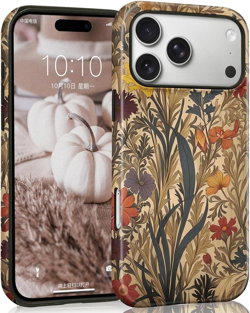 Floral Art Phone Case for iPhone 17 Pro Max, Vintage Cute Aesthetic Phone Cases Shockproof Design Trendy Stylish Kawaii Protective Cover Women Girls