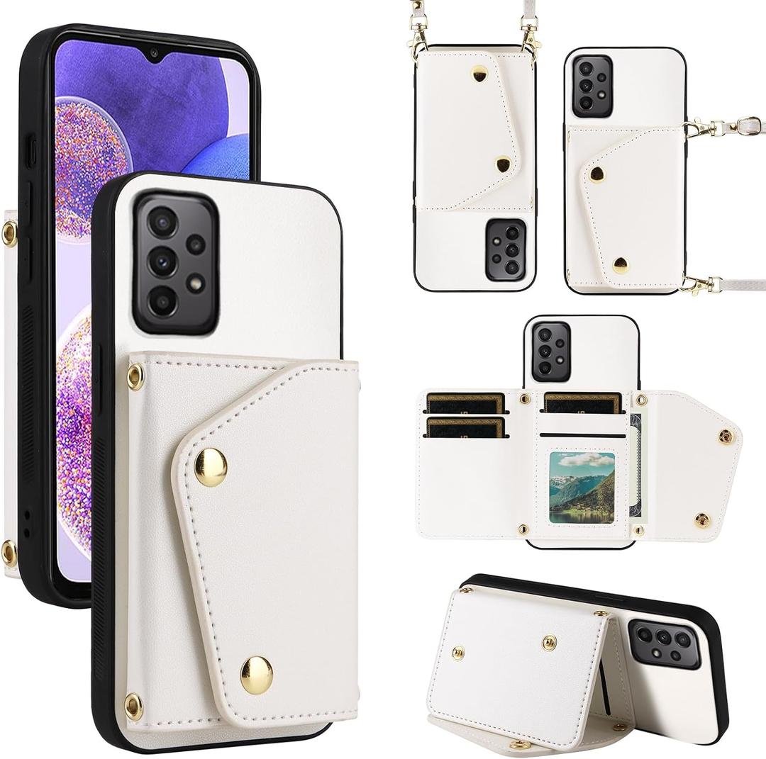 Luxury Wallet Case for Samsung Galaxy A23 5G/4G with 5 Card Slots Thin Slim Flip Purse & Shoulder Strap,PU Leather Credit Card Holder Stand Accessories Cell Phone Cover for A 23 23A 6.6 White