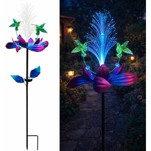 Solar Hummingbird Wind Spinner Outdoor 49 Inch Lotus Flower Metal Garden Windmill for Yard and Color Changing Fiber Optic Solar Yard Art Kinetic Wind Spinner Gift for Women Mother's Day Garden Gift