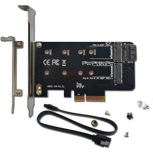PCIe Adapter for One M.2 NVMe Mkey and One SATA Bkey SSD, PCI-e 4.0 X4 Card Supports NGFF M2 M-Key or B-Key (M+B) SSD of Length 2280,2260,2242,2230, PCIe NVMe Adapter with SATA 3.0 Cable