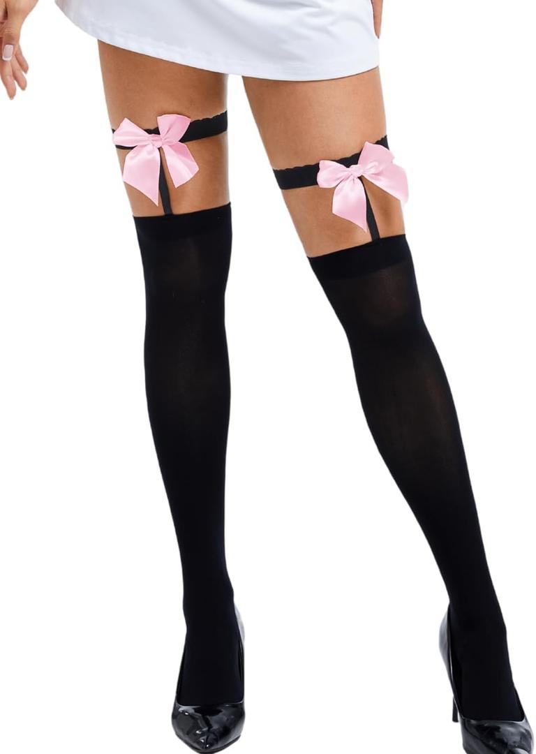 Kaei&Shi Bow Thigh High Socks,Sexy Stockings For Women With Garter,Date Christmas Halloween Costume Size 0-6 (Black Pink)