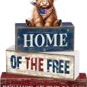 Moucuny 4 Pcs 4th of July Decorations Patriotic Highland Cow Wooden Block Sign Set America Table Decor Patriotic Tiered Tray Decor Red White Blue Memorial Day Centerpieces for 250th Anniversary Home