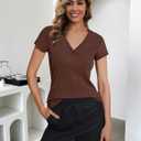 Prettywear Women's V Neck T Shirt Short Sleeve Summer Shirts Cotton Tops Basic Casual Trendy Tee (Brown, S)