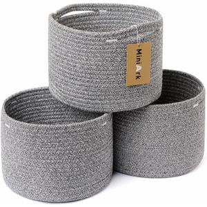 Small Basket for Organizing | Cube Shelf Closet Storage Baskets | 9.79.77.1 | Woven Rope Gift Basket | Nursery | Round 3 Packs Mixed Grey