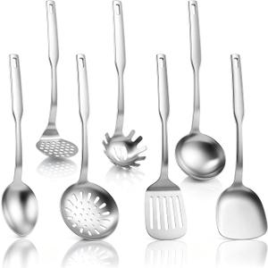 TeamFar Stainless Steel Cooking Utensils Set, 7 Pcs Kitchen Utensils, Heat Resistant Metal Kitchen Tools Include Solid & Slotted Turner/Spoon/Ladle/Skimmer/Pasta Server/Potato Masher, Dishwasher Safe
