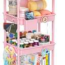 4 Tier Rolling Utility Cart with Drawer, Storage Organizer Cart with 2 Lockable Wheels, Multifunctional Rolling Storage Cart for Bathroom, Kitchen, Craft, Makeup, Baby Essentials, Pink