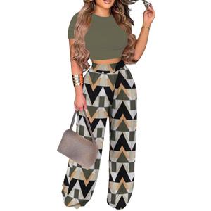 2 Piece Outfits for Women Short Sleeve Crop Top High Waist Wide Leg Long Pant Sets Tracksuit Sport Set (3X-Large, 9408-green)