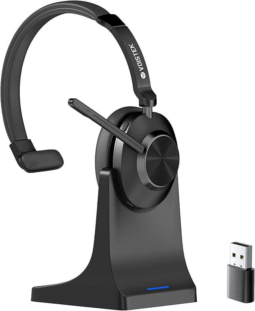 Voistek Wireless Bluetooth Headset with Noise Cancelling Mic, 45+ Hour Battery, Charging Dock, USB Dongle & Microphone Mute, Ideal for Work from Home, Office, Teams, Zoom, Mac, Android, iOS