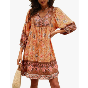 Qearal Womens Casual V Neck 3/4 Sleeve Boho Floral Printed Loose Short Mini Summer Beach Dress,XXL