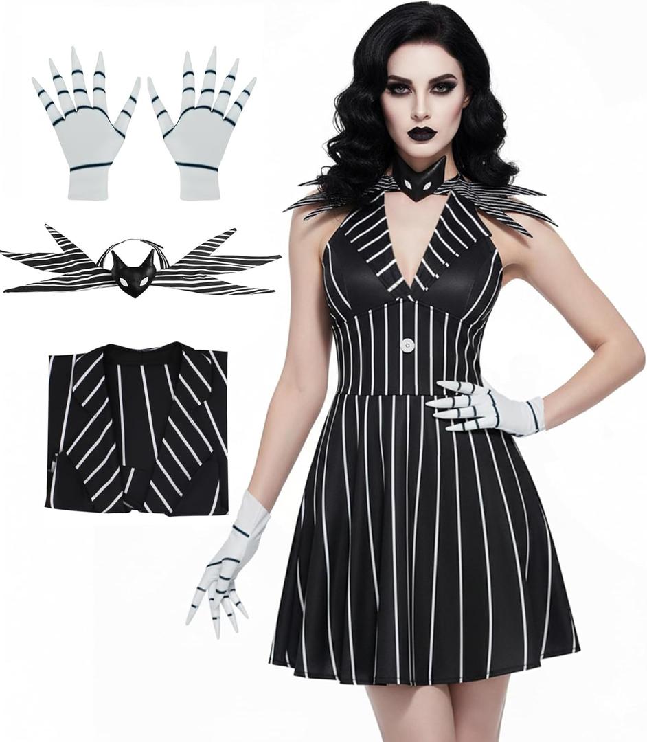 Poboola Christmas Night Jack Cosplay Costume Women Gothic Black Dress Stripe V-neck Bowtie Halloween Fancy Dress Outfit (Black, L)