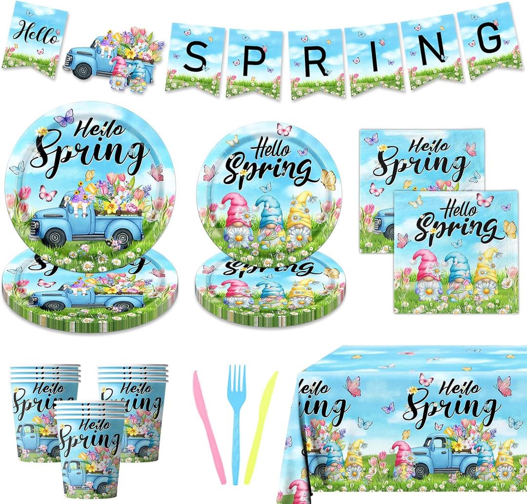 Hello Spring Birthday Party Decorations-Barnyard Party Decorations with Little Blue Truck Tablecloth,Gnome Paper Plates,Cups,Wildflower Napkins,and Banner,20 Guests Barn Cars Theme Kit Party Supplies
