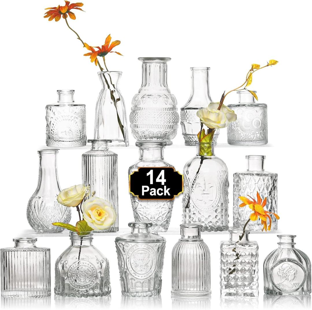 Arme 14 Pcs Bud Vase Set, Mini Vases for Flowers, Small Vintage Glass Vase for Centerpieces, Cute Clear Bud Vases for Home Flower Wedding Decorations