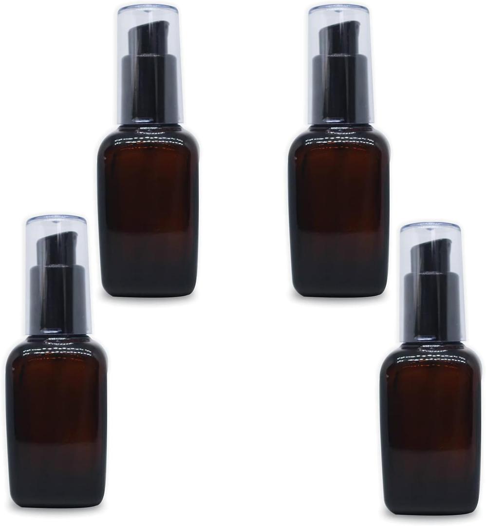 4 Pcs Amber Square Glass Lotion Bottle Refillable Lotion Containers with Black Pump Head and Cap Empty Cosmetic Containers Portable Travel Dispenser Jars Pots for Makeup Cream 50ml/1.7oz