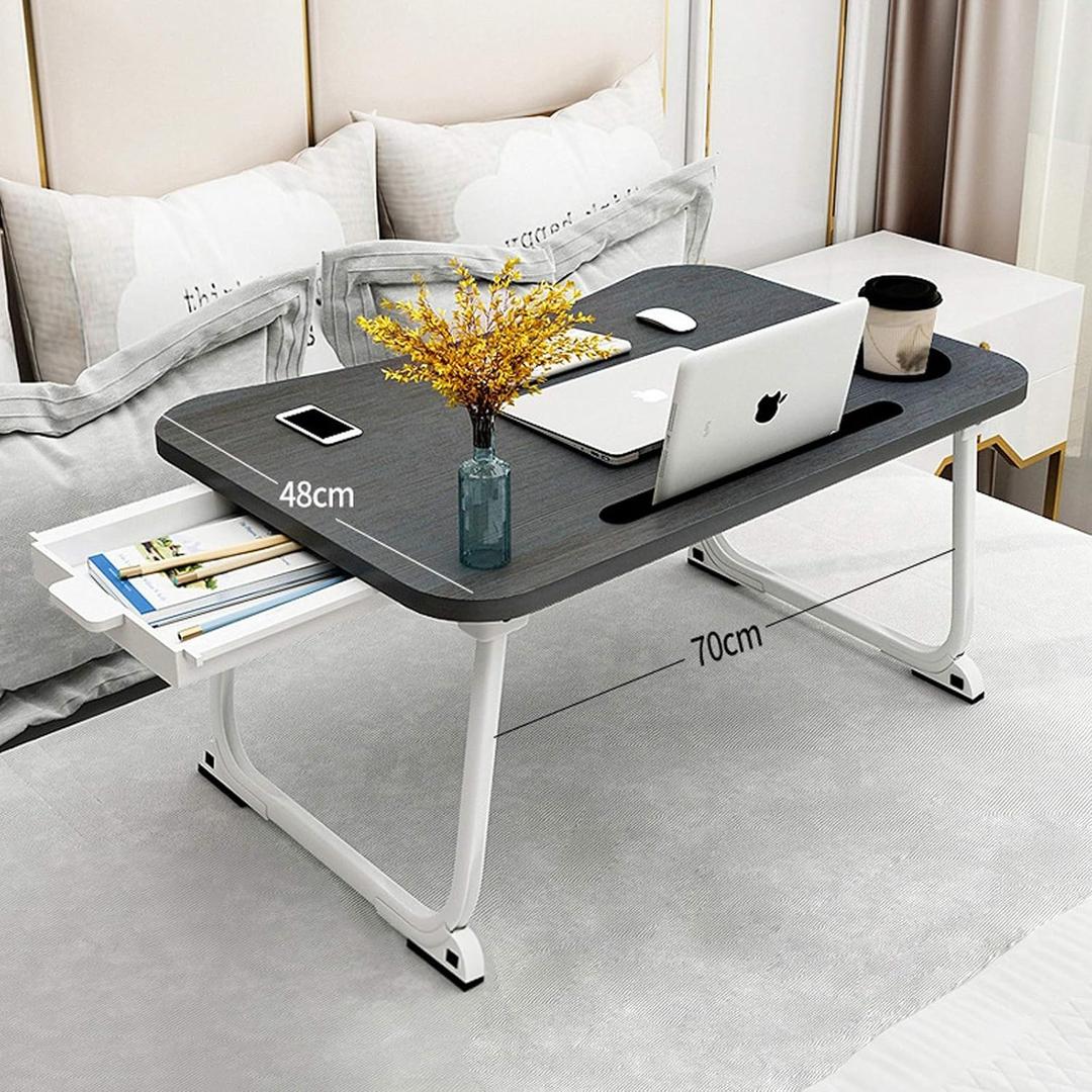 Bed Laptop Table, 26.8 Inch Extra Wide Lap Desk with Cup Holder for Adult Large People, XXL Bed Table with Storage Drawer, Foldable Breakfast Serving Tray for Eating Working Writing Drawing