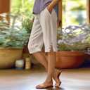 Cotton Linen Capri Pants for Women Petite Bermuda Shorts Knee Length Drawstring Pants Summer Beach Long Shorts (Beige, XL)