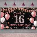 Sweet 16 Birthday Banner, Rose Gold Sweet Sixteen Decorations, 16th Birthday Photo Booth Backdrop, Fabric 6.1ft x 3.6ft