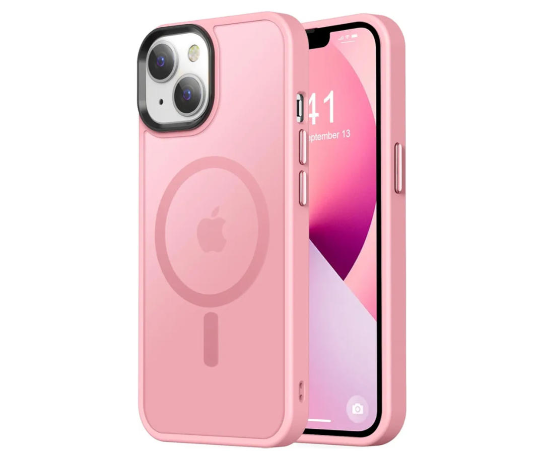 Thomo Strong Magnetic for iPhone 13 Case & iPhone 14 Case [Compatible with Magsafe] [10FT Drop Resistant] Matte Skin Feeling Back, Aluminum Alloy Keys Phone Case iPhone 13/14, Pink Pack of 2