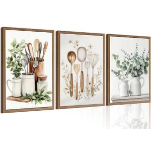 3Pcs Green Botanical Kitchen Wall Art Boho Farmhouse Wall Decor Unframed